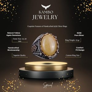 Doğal Sarı Akik Taş Yüzük, 925 Ayar Sert Gümüş Yüzük Erkekler İçin - Görsel 7