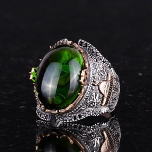925 Ayar Gümüş İslami Erkek Yüzük, Yapay Peridot Yeşil Taşı Yüzük - Görsel 4