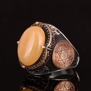 David Yıldızı Yüzüğü, Doğal Sarı Akik Taş Yüzüğü - Gümüş Erkek Yüzüğü, 925 Ayar Gümüş Yüzük Tasarımı - Görsel 6