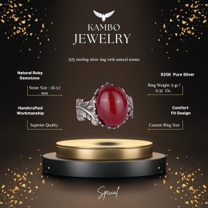 Gerçek Doğal Cabochon Yakut Taşlı Gümüş Kadın Yüzük, Vintage Bohem Tasarım - Görsel 2