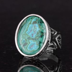 Gerçek Doğal Krysokolla Taşı Yüzük - El Yapımı 925 Ayar Gümüş Yüzük - Bilgelik, Koruma ve Ruhsallığın Sembolü (Krysokolla) - Görsel 6