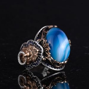 Doğal Mavi Akik Taşı Yüzük, 925 Ayar Gümüş Yüzük, Aslan Başlı Yüzük - Görsel 5