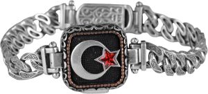 925 Ayar Gümüş Erkek Bilezik, Türk Hilal ve Yıldız Tasarımı, El Yapımı Zincir Bilezik - Görsel 1