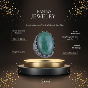 Gerçek Doğal Taş Yüzük - Gül Desenli Yüzük - 925 Ayar Gümüş Yüzük - El Yapımı Büyük Yüzük (Aventurin) - Görsel 2