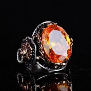 Turuncu Sitrin Taşlı Yüzük, 925 Ayar Gümüş Yüzük, Aslan Sembolü Yüzük, Hayvan Temalı Gümüş Yüzük Tasarımı Erkek Yüzüğü - Görsel 4