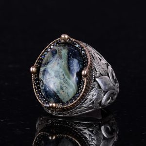 925 Ayar Gümüş El Yapımı Erkek Yüzük - Farklı Doğal Taşlarla Mevcuttur (Yeşil Göz) - Görsel 4