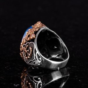 Gerçek Doğal Mavi Akik Taş Yüzük, Denizci Aksesuarlı Yüzük, 925 Ayar Gümüş Yüzük Erkekler İçin - Görsel 6