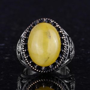 Gerçek Doğal Taş Yüzük - El Yapımı Şahin Yüzük - 925 Ayar Gümüş Yüzük (Amber) - Görsel 4