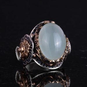 El Yapımı Aslan Cabochon Akuamarin Taş Yüzük, Hayvan Gümüş Yüzük - Sakin 925K Sert Gümüş Erkek Yüzük - Şeffaflık ve Sakin Tasarım - Görsel 6