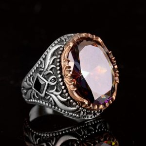 Mistik Topaz Yapay Taş, 925 Ayar Gümüş Erkek Yüzük, El Yapımı Erkek Yüzüğü - Görsel 2