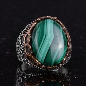 Gerçek Doğal Taş El Yapımı Yüzük - 925 Ayar Gümüş El Yapımı Yüzük - Şık Farklı Yüzük (Malakit) - Görsel 6