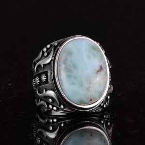El Yapımı Doğal Larimar Taşlı Yüzük, 925K Katı Gümüş Erkek Yüzüğü, Okyanus Sakinliği Tasarımı - Görsel 5