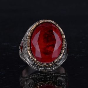 Yapay Taş Yüzük - El Yapımı Erkek Yüzüğü - Zarif 925 Ayar Gümüş Erkek Takısı (Yapılmış Kırmızı Paraiba) - Görsel 4