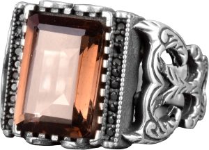 Gerçek Doğal Dumanlı Kuvars Taşı Yüzük, Gümüş Erkek Yüzüğü