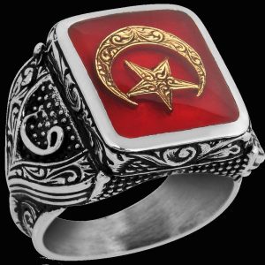 925 Ayar Gümüş Erkek Yüzük - Ay ve Yıldız ile Oluşturulmuş Granat Taşı - Görsel 2