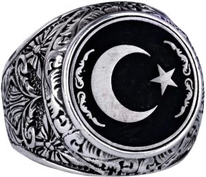 Yıldız ve Ay Yüzüğü - Erkekler için 925 Ayar Gümüş Bayrak Yüzüğü - Görsel 1