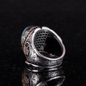 Osmanlı Tuğra Gümüş Yüzük, Doğal Cabochon Zümrüt Taşlı Yüzük, 925K Sert Gümüş Erkek Yüzüğü - Görsel 6