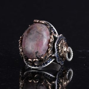 El Yapımı Gerçek Doğal Rodonit Taşı Yüzük, 925 Ayar Sert Gümüş Yüzük, Aslan Başı Erkek Yüzüğü - Görsel 5