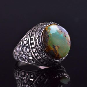 El Yapımı Turkuaz Taş Yüzük, 925 Ayar Gümüş Erkek Yüzüğü, Vintage Çiçek Tasarımı - Görsel 4