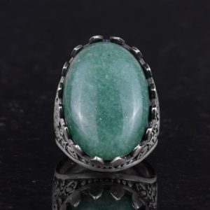 Gerçek Doğal Taş Yüzük - Gül Desenli Yüzük - 925 Ayar Gümüş Yüzük - El Yapımı Büyük Yüzük (Aventurin) - Görsel 4