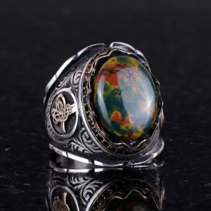 Osmanlı Tuğra Gümüş Yüzük, 925 Ayar Sterlin Gümüş Yüzük, Gerçek Doğal Yeşil Kan Taşı Yüzük Erkekler İçin - Görsel 5