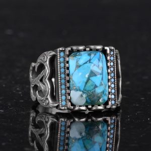 Gerçek Doğal Turkuaz Taşı ile Gümüş Erkek Yüzük - Cesur Kare Tasarım - Görsel 5