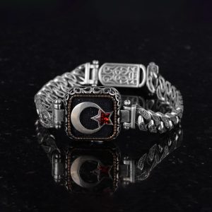 925 Ayar Gümüş Erkek Bilezik, Türk Hilal ve Yıldız Tasarımı, El Yapımı Zincir Bilezik - Görsel 4