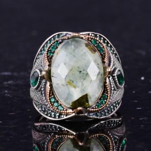 Gerçek Doğal Prehnit Yeşim Taşı Yüzük - Tasarım Gümüş Erkek Yüzük - 925 Ayar Gümüş El Yapımı Taş Takı - Görsel 5