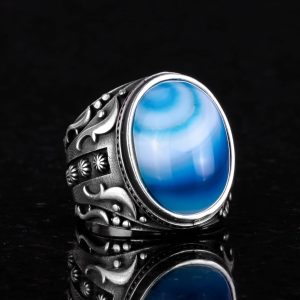 Doğal Mavi Ateş Kehribar Taşlı Yüzük, 925 Ayar Gümüş Yüzük Erkekler İçin, Tasarım Gümüş Erkek Yüzüğü - Görsel 5