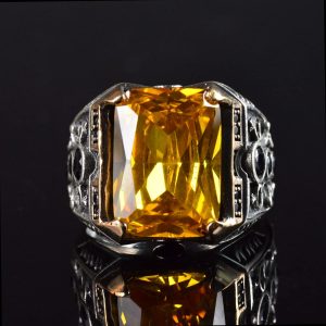 925 Ayar Gümüş Doğal Citrine Taşlı Erkek Gümüş Yüzük, Citrine Taşlı Erkek Yüzüğü, El Yapımı Oymalı Erkek Gümüş Yüzük, Türk Gümüş Yüzüğü, Sarı - Görsel 7