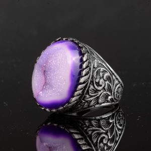 Gerçek Doğal Druzy Kristal Kuvars Taş Yüzük, Erkekler İçin Doğum Taşı Yüzüğü, Gümüş Yüzük - Görsel 4