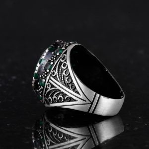 Gerçek Doğal Malakit Taşı Yüzük - 925 Ayar Gümüş El Yapımı Erkek Takısı - Görsel 7