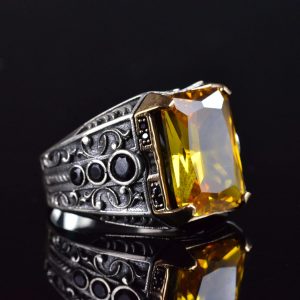 925 Ayar Gümüş Doğal Citrine Taşlı Erkek Gümüş Yüzük, Citrine Taşlı Erkek Yüzüğü, El Yapımı Oymalı Erkek Gümüş Yüzük, Türk Gümüş Yüzüğü, Sarı - Görsel 4