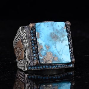 Gerçek Doğal Arizona Turkuaz Taş Yüzük - 925 Ayar Gümüş İslami Yüzük - El Yapımı Vintage Tasarım - Görsel 6