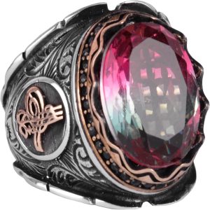 Renksiz Yapay Taş Yüzük, Osmanlı Tuğrası Erkek Lüks 925 Ayar Gümüş Yüzükler - Çeşitli & Farklı Koleksiyon - Görsel 1