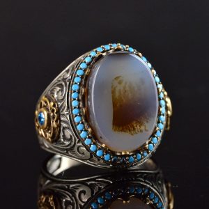 Gerçek Doğal Yemen Akik Taşı Yüzük, El Yapımı Tughra Tasarımı, 925 Ayar Gümüş Erkek Yüzük - Görsel 4