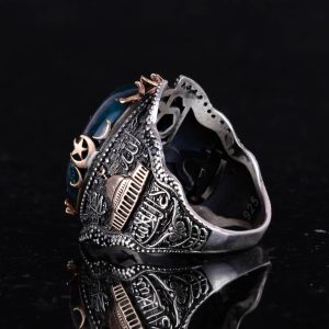 925 Ayar Katı Gümüş Yüzük, Camii Yeşil Kan Taşı Yüzük - Görsel 6