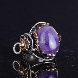 Doğal Ametist Taş Yüzük, Aslan Gümüş Yüzük - Spiritüel 925 Ayar Katı Gümüş Erkek Yüzük - Sezgi ve Koruma Tasarımı - Görsel 6