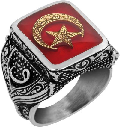 925 Ayar Gümüş Erkek Yüzük - Ay ve Yıldız ile Oluşturulmuş Granat Taşı - Görsel 1