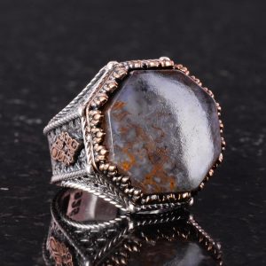 Gerçek Doğal Taş Yüzük - Sekizgen Tasarım - El Yapımı 925 Ayar Gümüş Takı (Kan Taşı) - Görsel 5