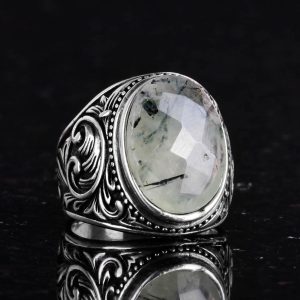 El Yapımı Prehnit Taş Yüzük - Şifa Veren 925 Ayar Sert Gümüş Erkek Yüzüğü - Huzur ve İçgörü Tasarımı - Görsel 6
