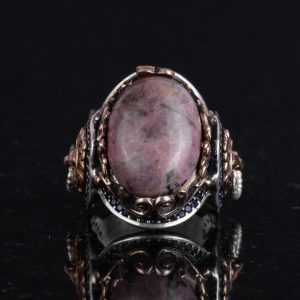El Yapımı Gerçek Doğal Rodonit Taşı Yüzük, 925 Ayar Sert Gümüş Yüzük, Aslan Başı Erkek Yüzüğü - Görsel 4