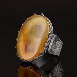 Doğal AsaletBüyük Yüzük  Koleksiyonu: 925K Gümüş Erkek Yüzükler Gerçek Taşlarla - Zamansız Zarafet (Kehribar Taşı) - Görsel 5