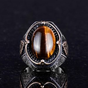 El Yapımı Cabochon Kaplan Gözlü Taş Yüzük - 925K Katı Gümüş Erkek Yüzüğü - Cesur Tasarım - Görsel 3