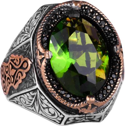 Yeşil Yapay Taş Yüzük, 925 Ayar Gümüş Tasarım Yüzük, Gümüş Erkek Yüzüğü - Görsel 1