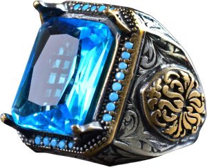 925 Ayar Gümüş Erkek Yüzük, Yapay Akuamarin Taşı ve Karmaşık Oymalı Tasarım ile - Görsel 1