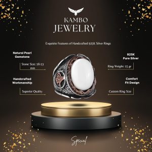 Osmanlı Tuğra Cabochon İnci Taş Yüzük, 925 Ayar Gümüş Yüzük Erkekler İçin, Farklı Yüzük - Görsel 2