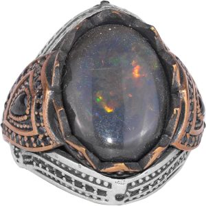 925 Ayar Gümüş Erkek Yüzük - Doğal Opal - Bronz Kaplama Detaylar - El Yapımı Dikkat Çekici Parça - Görsel 1