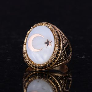 925 Ayar Gümüş Altın Kaplama Erkek Yüzük - Hilal ve Yıldız Tasarımı (Beyaz) - Görsel 6