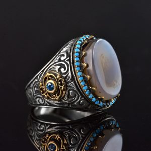 Gerçek Doğal Yemen Akik Taşı Yüzük, El Yapımı Tughra Tasarımı, 925 Ayar Gümüş Erkek Yüzük - Görsel 5